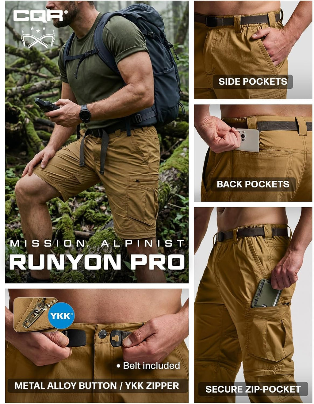 CQR Men's Convertible Cargo Tactical Pants, Water Resistant Outdoor Hiking Pants, Zip Off Lightweight Stretch Work Pants