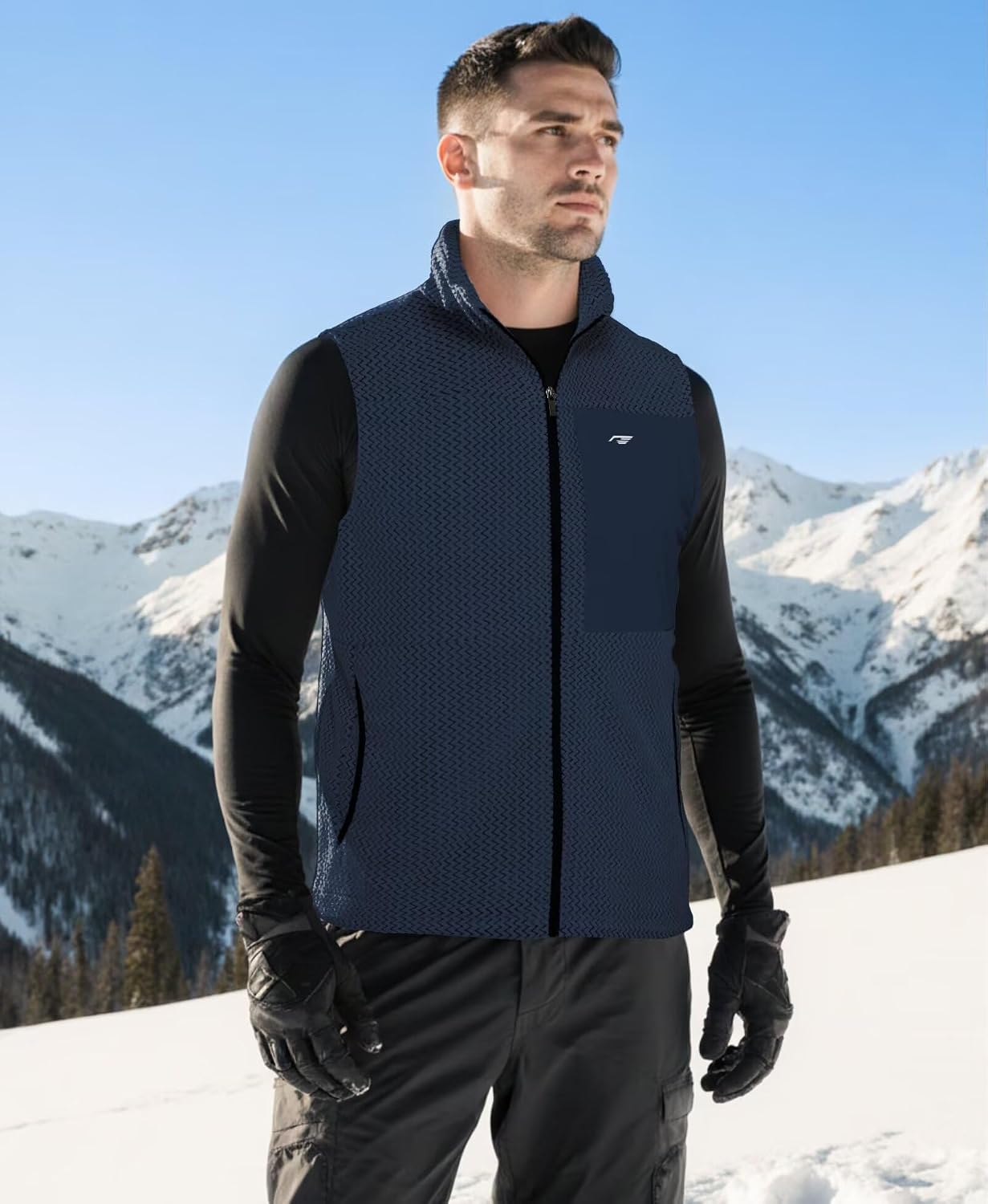 Mens Fleece Vest Mock Neck Full Zip Textured Sleeveless Jacket with Zippered Chest Pocket Active Fit Hiking Golf Top