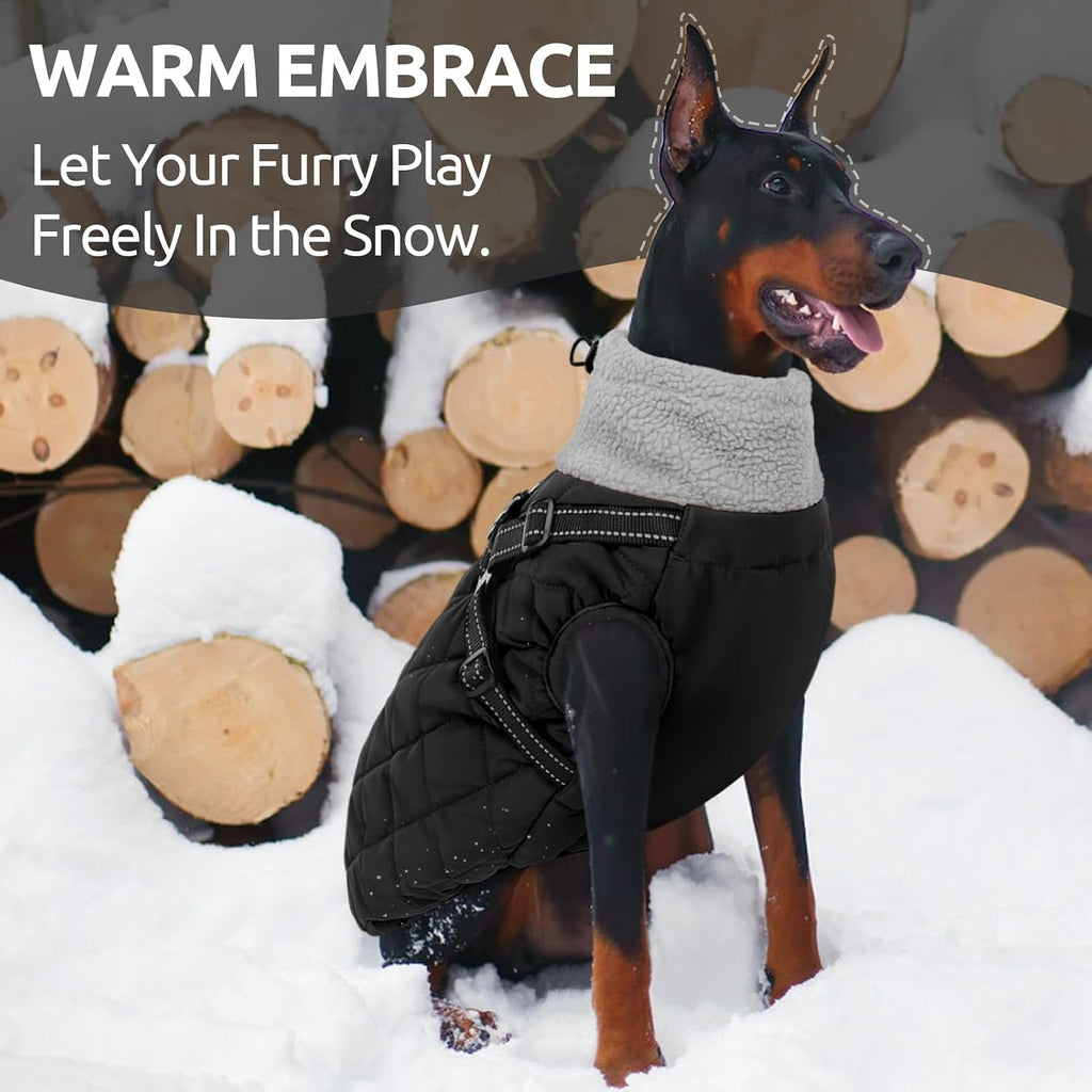 Queenmore Dog Winter Jacket Dog Coats for Large Dogs with Harness Built in