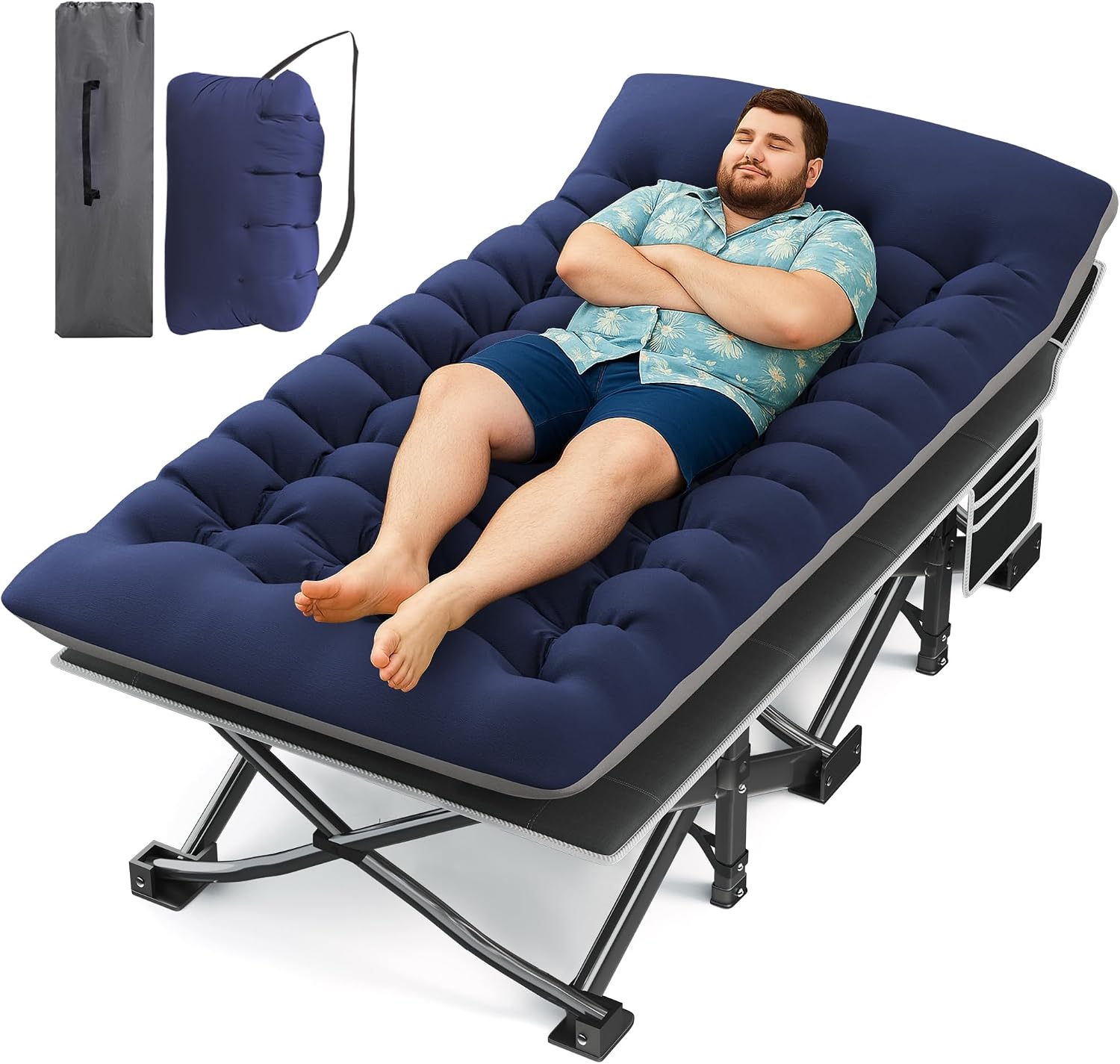 HABUTWAY Camping Cot with Mattress, 32" Extra Wide Camping Cots for Adults, Sleeping Cot for Adults Holds Up to 600LBS, Cots for Sleeping, Camp, Rv, Beach, Patio, Office Naps(Blue)