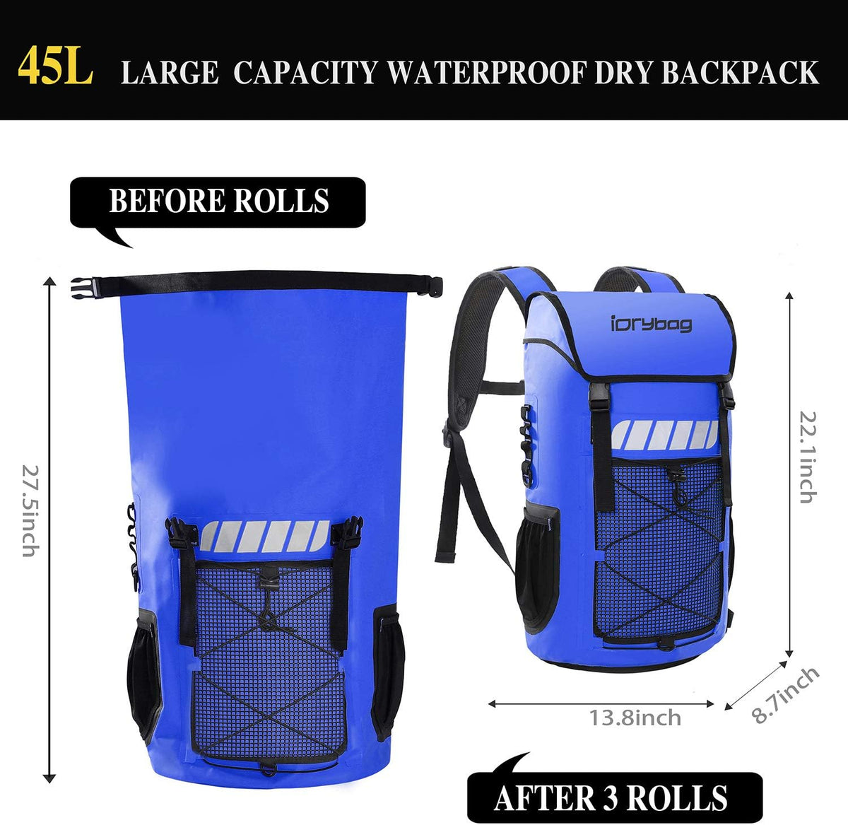 IDRYBAG Waterproof Backpack for Men 25L/45L, Dry Bags Kayak, Dry Backpack Camping Hiking