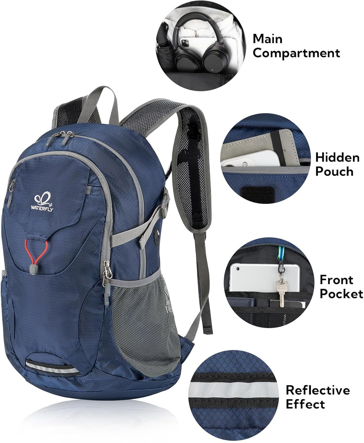WATERFLY Lightweight Packable Hiking Backpack, 30L Day Pack Dark Blue
