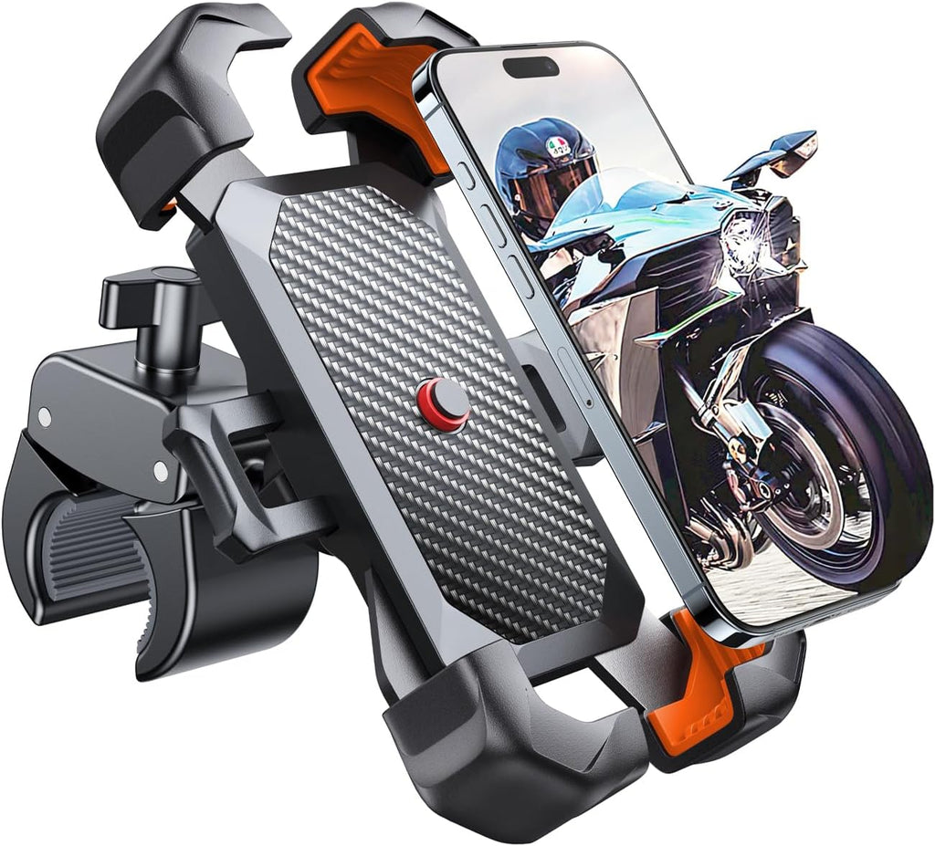 JOYROOM Motorcycle Phone Mount, [1s Auto Lock][100mph Military Anti-Shake] Bike Phone Holder for Bicycle, [10s Quick Install] Handlebar Phone Mount, Compatible with iPhone, Samsung, All Phone, Orange