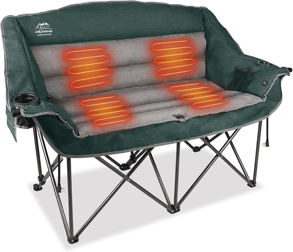 Fully Padded Folding Double Camping Chairs,Comfy Oversized Loveseat Lawn Chair w/Wine Glass Holder,Cup Holder,Heavy Duty Outdoor Portable Camp Couch Support 600 Lbs,Black