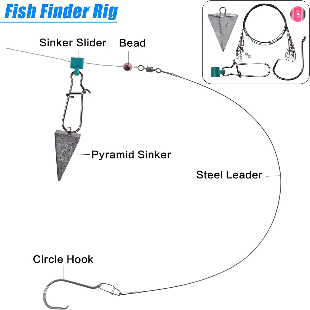 Surf Fishing Tackle Kit, 130pcs Saltwater Surf Fishing Rigs Fish Finder Rig Live Bait Rigs Include Fishing Leaders Pyramid Sinker Weight Sinker Slider Fishing Hooks Swivels Surf Fishing Accessories