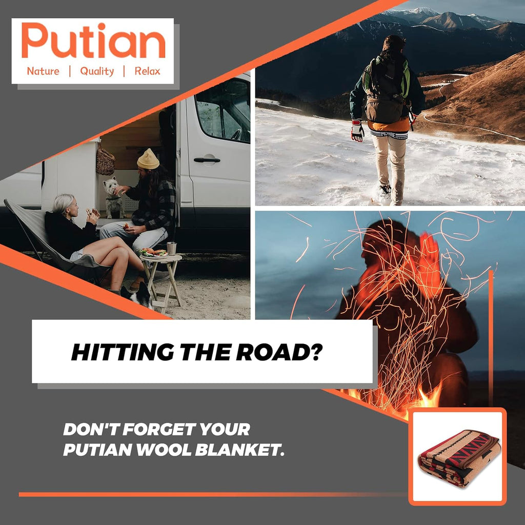 PuTian Merino Wool Blanket for Camping, 87" x 63",Kaki Flame