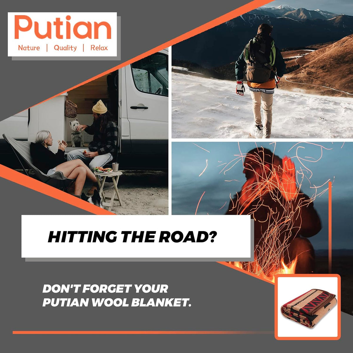 PuTian Merino Wool Blanket for Camping, 87" x 63",Kaki Flame