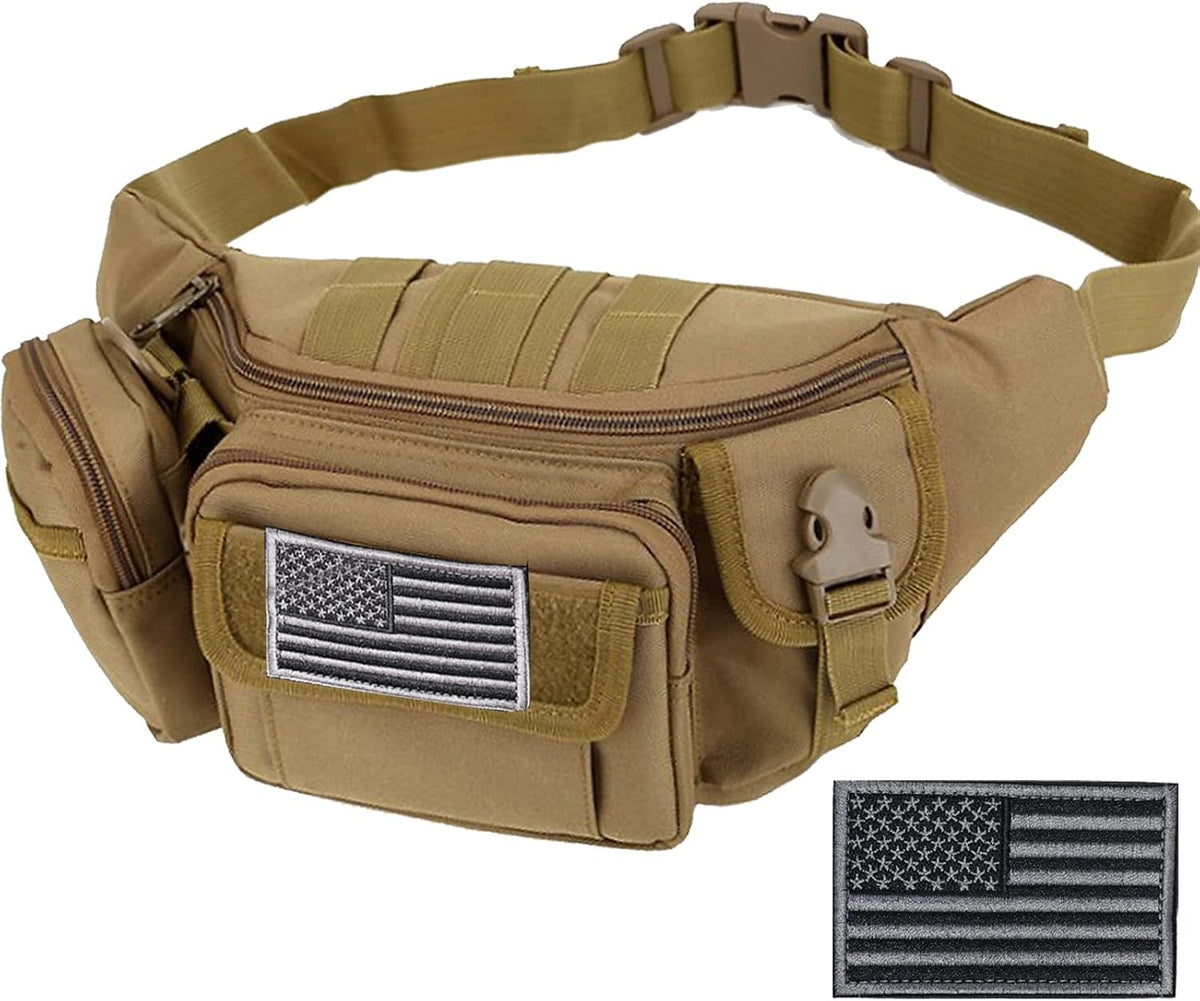 Tactical Fanny Packs, Military Waist Bag Utility Hip Belt Bags for Hiking Climbing Fishing Cycling Hunting with U.S Patch (Black+Black)