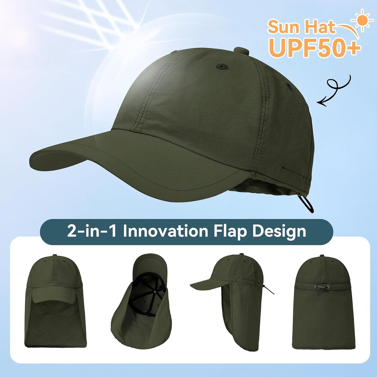Zando UPF 50+ Sun Hats with Neck Flap for Men, Baseball Cap