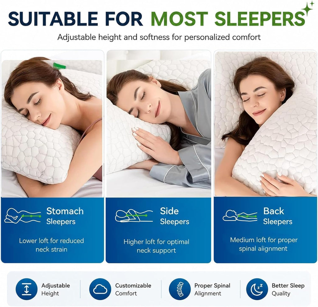 Cooling Pillows Queen Size Set of 2 Shredded Memory Foam Pillows for Side Back Stomach Sleepers, Two-Sided Cool Adjustable Firm or Soft Bed Pillow Luxury Gel Neck Pillow for Neck Shoulder Pain Relie