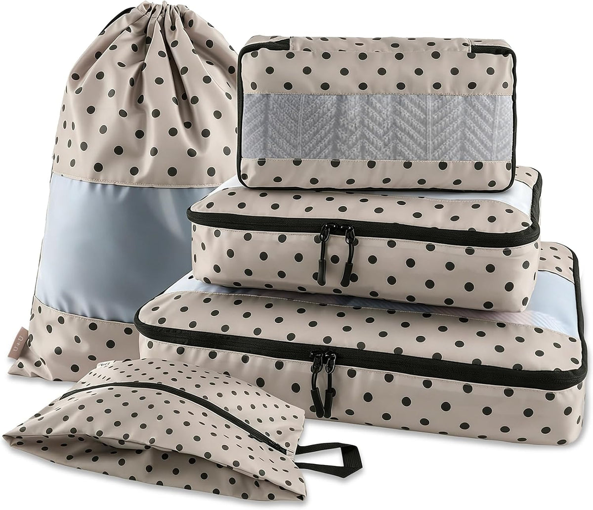 U+U 5 Set Packing Cubes, Travel Organizers with Shoe Bag (Brown Polka Dot)