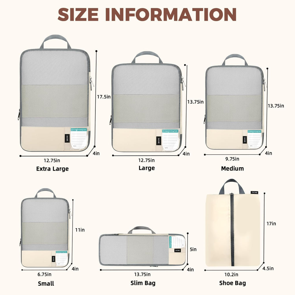 BAGAIL Lightweight Compression Packing Cubes for Travel, 6 Set, Beige