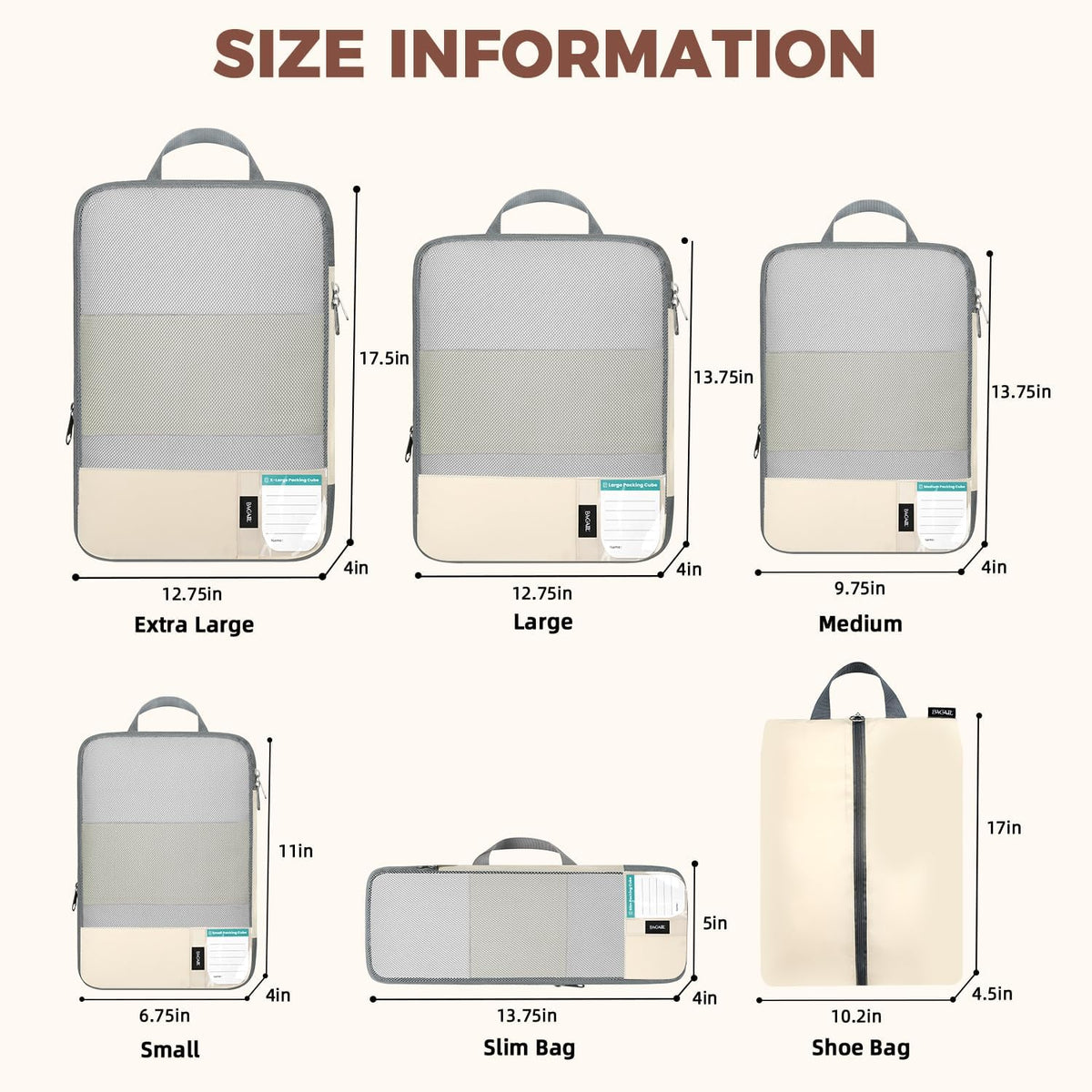 BAGAIL Lightweight Compression Packing Cubes for Travel, 6 Set, Beige