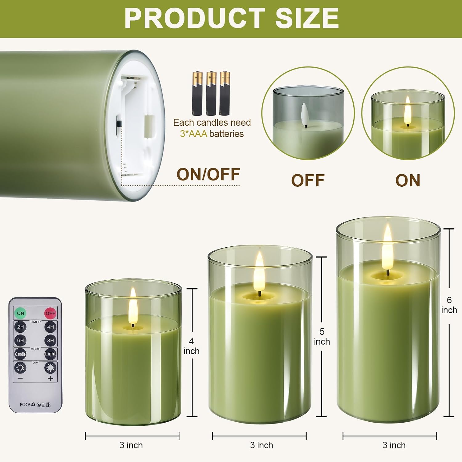 Tyawon Glass Battery Operated LED Flameless Candles with Remote and Timer, Real Wax Candles Warm Color Flickering Light for Festival Wedding Home Party Decor(Pack of 3)-Green