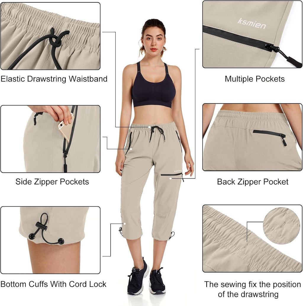 Ksmien Women's Hiking Cargo Capri Pants Quick Dry with Zipper Pockets