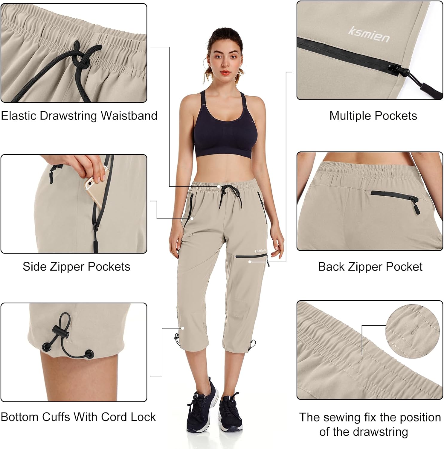 Ksmien Women's Hiking Cargo Capri Pants Quick Dry with Zipper Pockets