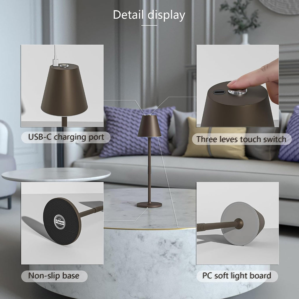 Timjorman 2-Pack Cordless Table Lamps - 5000mAh Rechargeable Battery Operated Desk Lamp, 3-Level Dimmable LED Night Light for Bedroom, Dining, Restaurant - Metal Design(Khaki-2Pack)