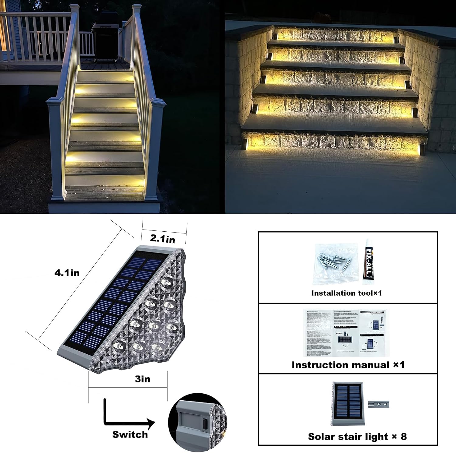 Solar Stair Lights 6 Pack,Solar Step Lights IP68 Waterproof Warm White