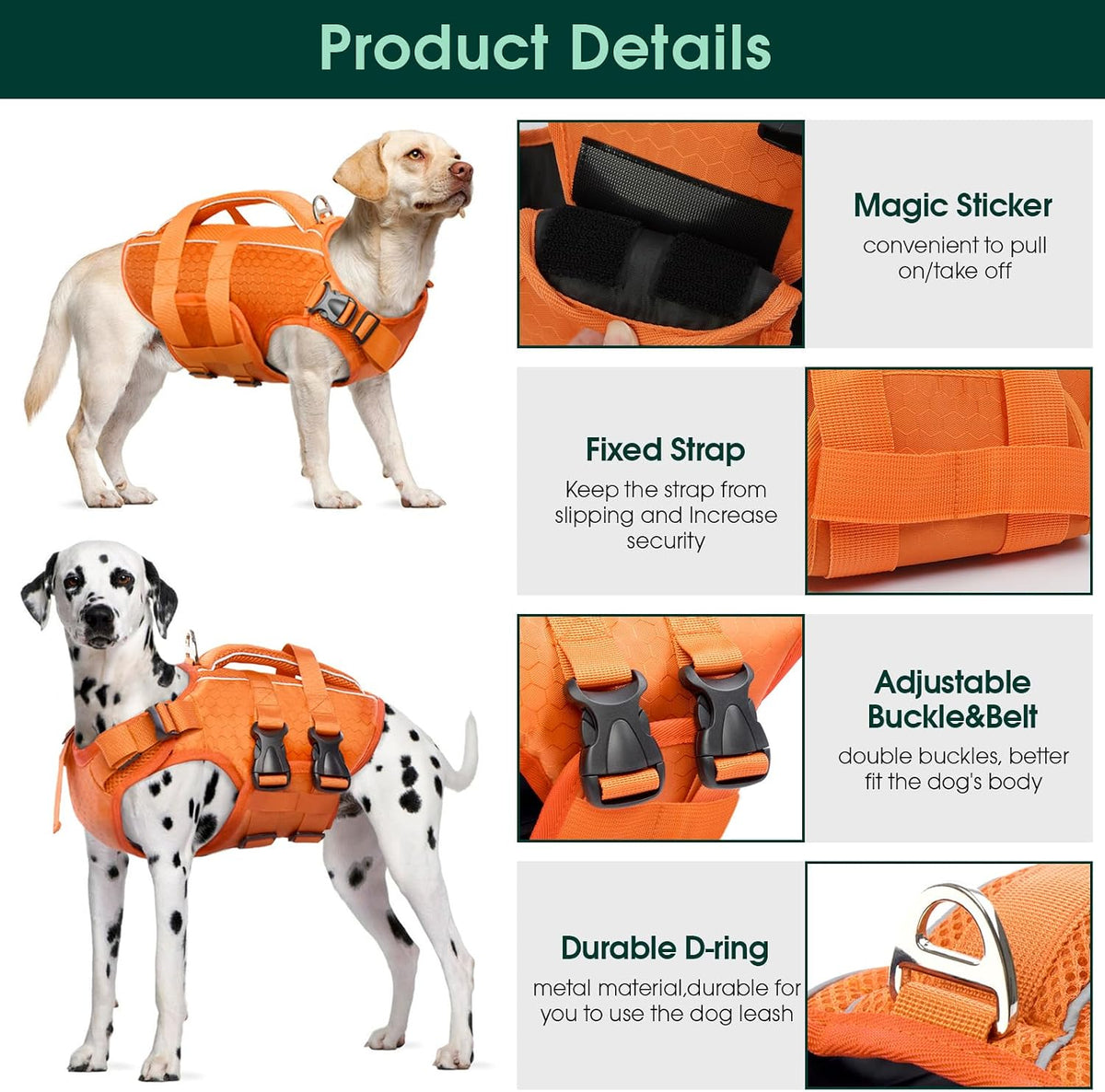 Kuoser Dog Life Jacket, High Flotation Reflective Dog Life Vest, Orange, XL