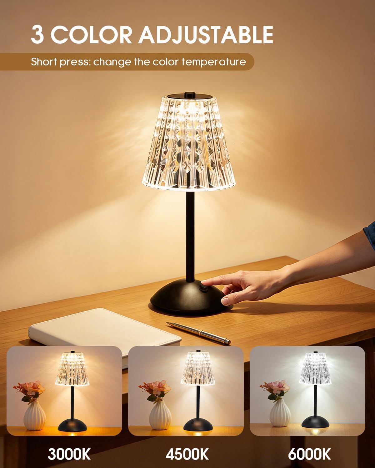 Nusogon Rechargeable Cordless Table Lamp, Touch Control Crystal Desk Lamp