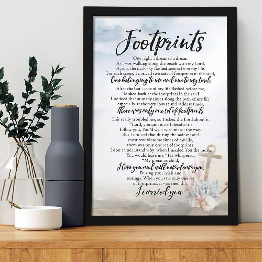 Footprints in the Sand Religious Canvas Wall Art Posters, Inspirational Beach Sunset Poem Print Poster (Black Framed 24x36inch, Footprints(6))