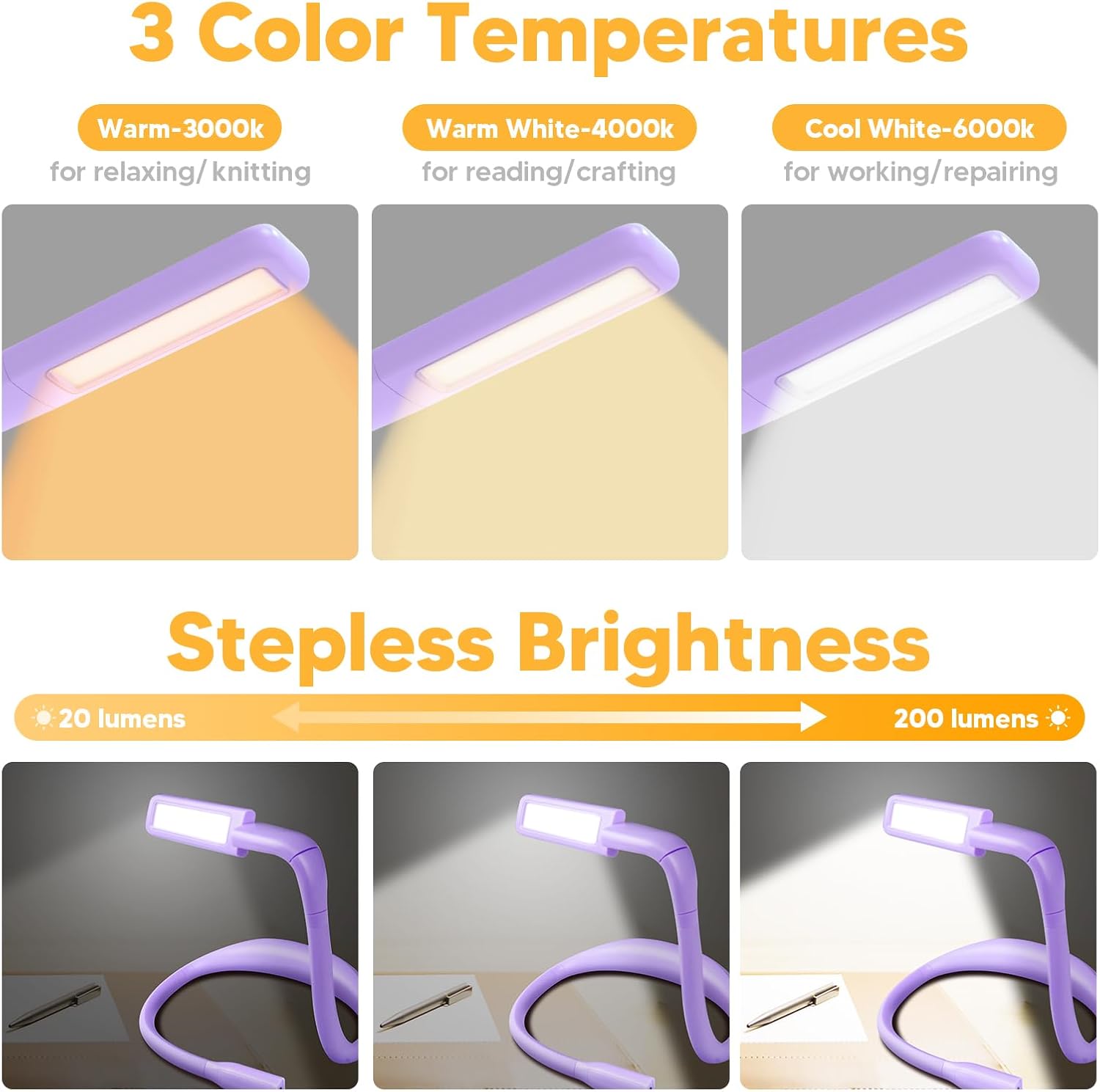 Reading Lights for Books in Bed, 3 Colors Dimmable Neck Light