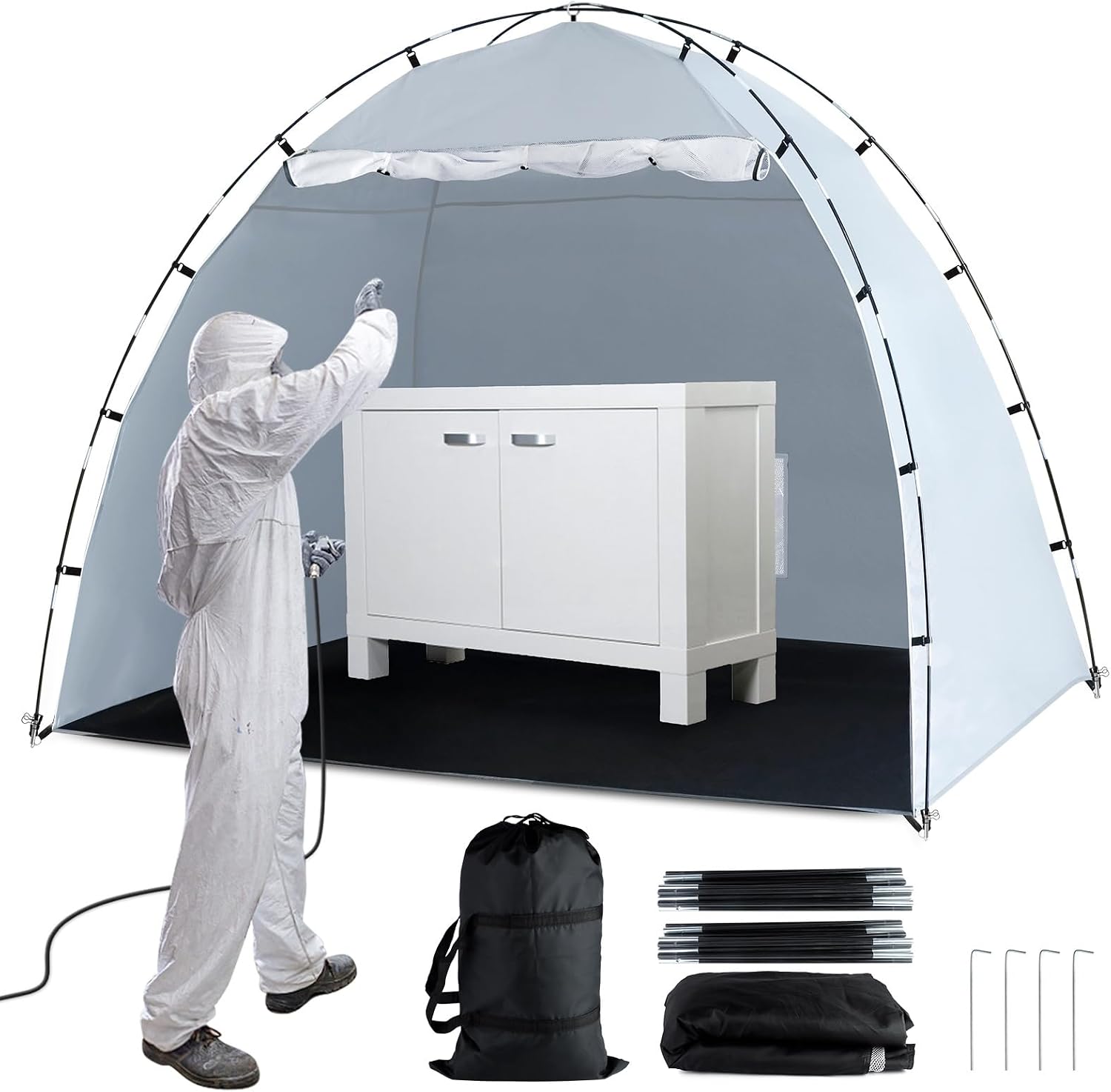 Siebwin 10x10x6.2ft Spray Paint Tent, Mesh Screen & Windproof Hooks, White