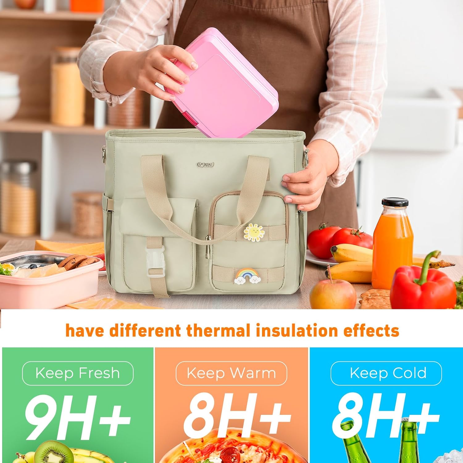 Insulated Lunch Box Tote for Girls Women - Large Leakproof Cooler Bag with Shoulder Strap & Multiple Pockets,Reusable Lunch Bag for Work,School,Picnic,Beach,Camping,Green