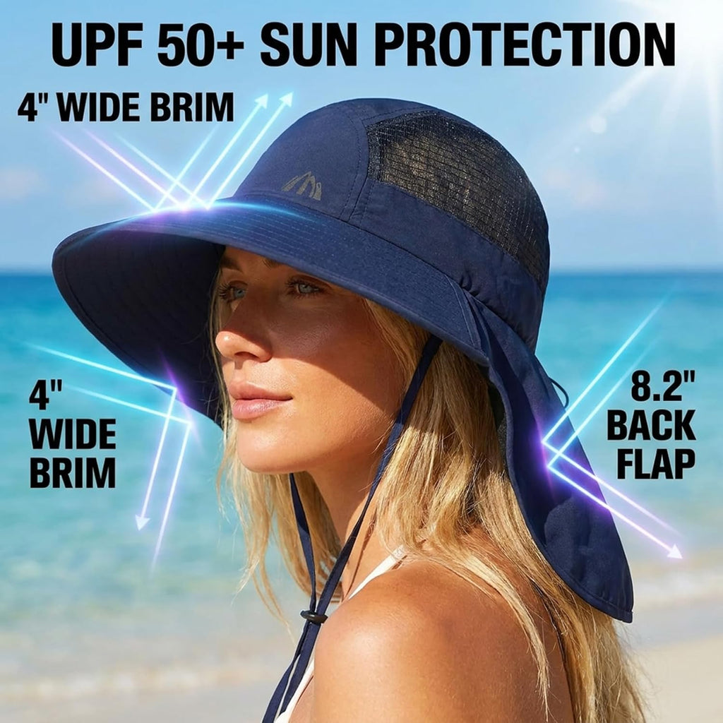 UV Sun Protection Hat Women Foldable Neck Flap Wide Brim Fishing Hat with Ponytail Hole for Women