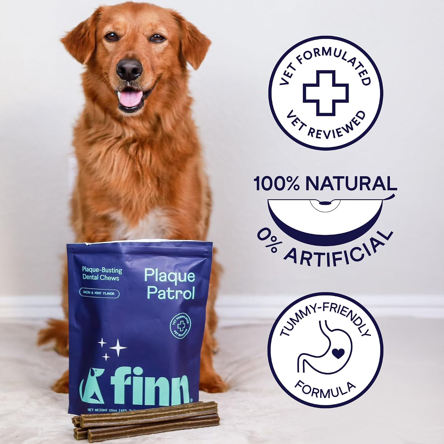 Finn Plaque Patrol Dental Chews - Fights Tartar & Bad Breath - Dogs 25+ lbs