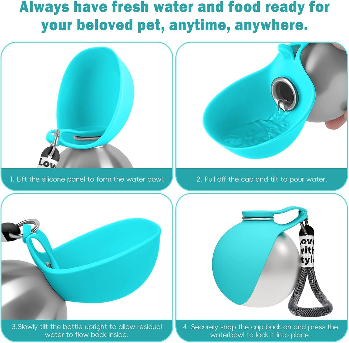 2 in 1 Portable Dog Water Bottle for Dogs,10oz Stainless Steel Portable Dog Water Bottle with Foldable Silicone Bowl, Leak-Proof 2 in 1 Portable Tumbler for Small Dog & Puppy Walking Hiking Outdoor