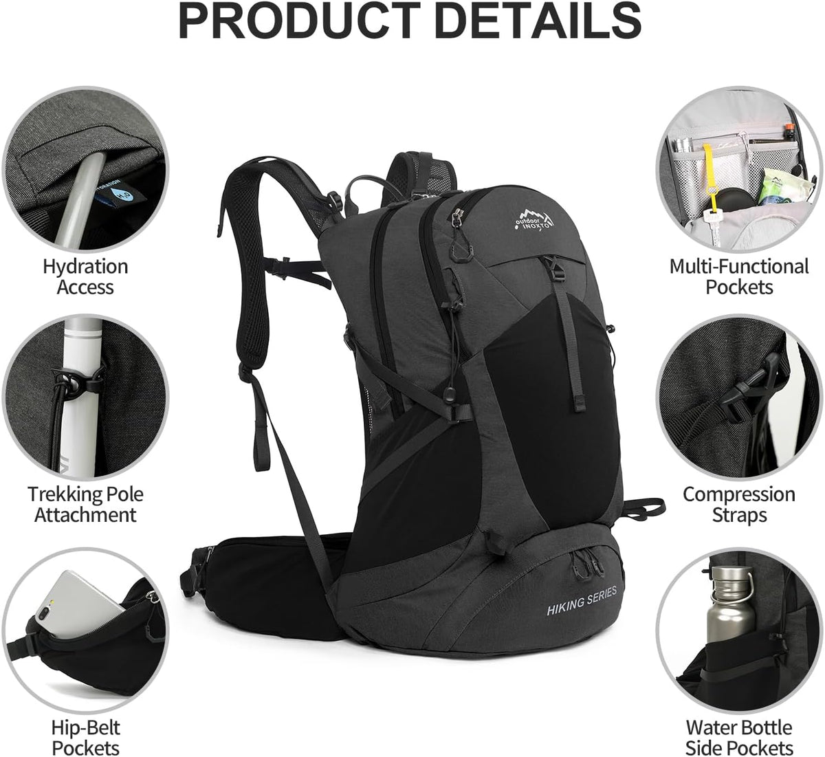 IX INOXTO Hiking Backpack, 26L/40L Waterproof Hiking Daypack with 3L Water Bladder and Rain Cover, Lightweight Travel Camping Backpack for Men Women (Black)