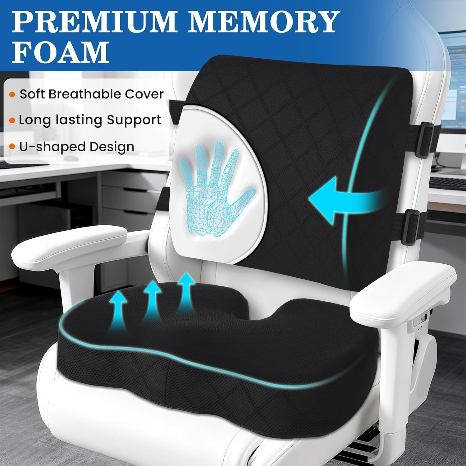 Back&Seat Cushion, Chair Cushions, Lumbar Back Support Pillow, Black/Large