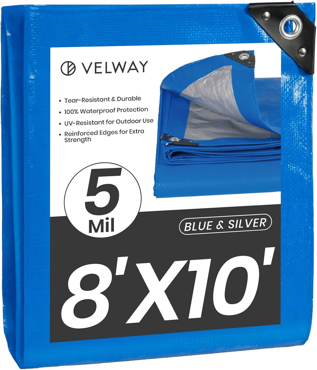 Velway Waterproof Tarp 8x10 FT 5 Mil Heavy Duty Poly Tarpaulin Outdoor Blue
