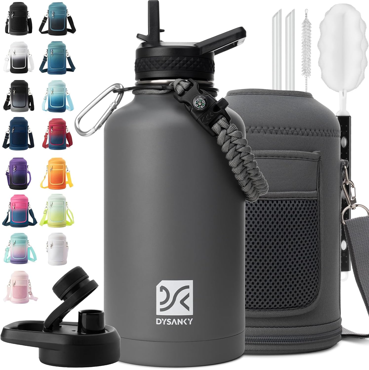 DYSANKY Insulated Water Bottle w/Straw Lid & Portable Carrier Bag, 64oz