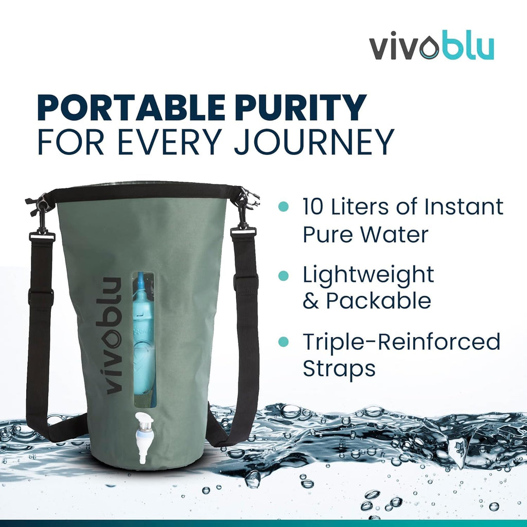 Vivoblu 10 Liter Water Bladder Backpack - Hydration Filtration Purifier Bag for Vivoblu Core Family Filter - Portable Purifying Pack for Backpacking, Hiking, Camping, Prepping, Survival - Army Green