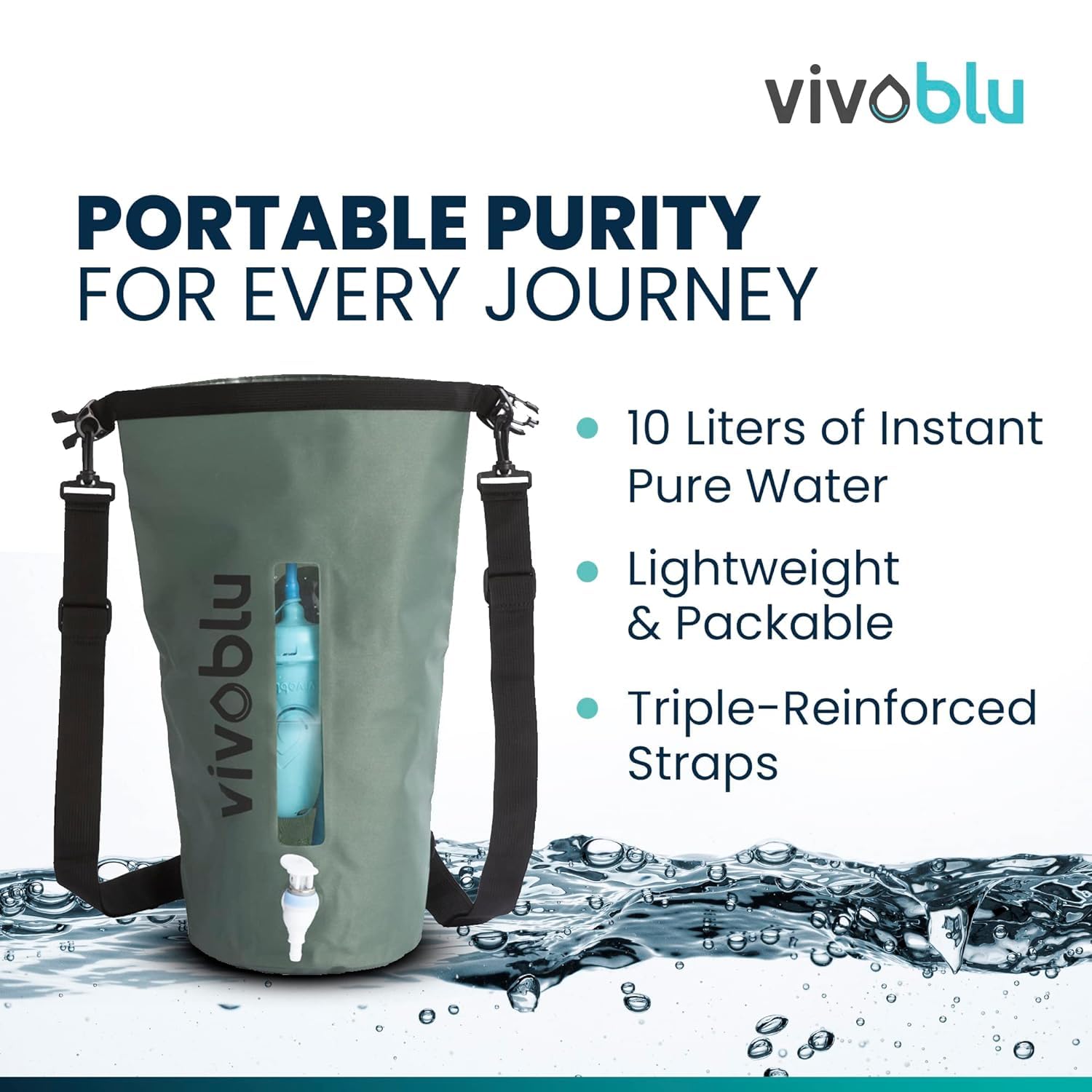 Vivoblu 10 Liter Water Bladder Backpack - Hydration Filtration Purifier Bag for Vivoblu Core Family Filter - Portable Purifying Pack for Backpacking, Hiking, Camping, Prepping, Survival - Army Green