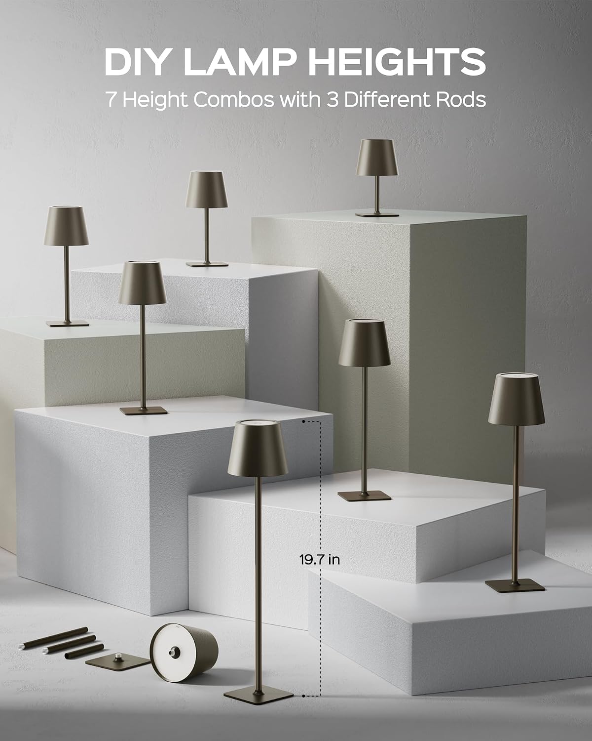 JACKYLED Cordless Lamp DIY Height, 3 Color Stepless Dimming, 5000 Capacity