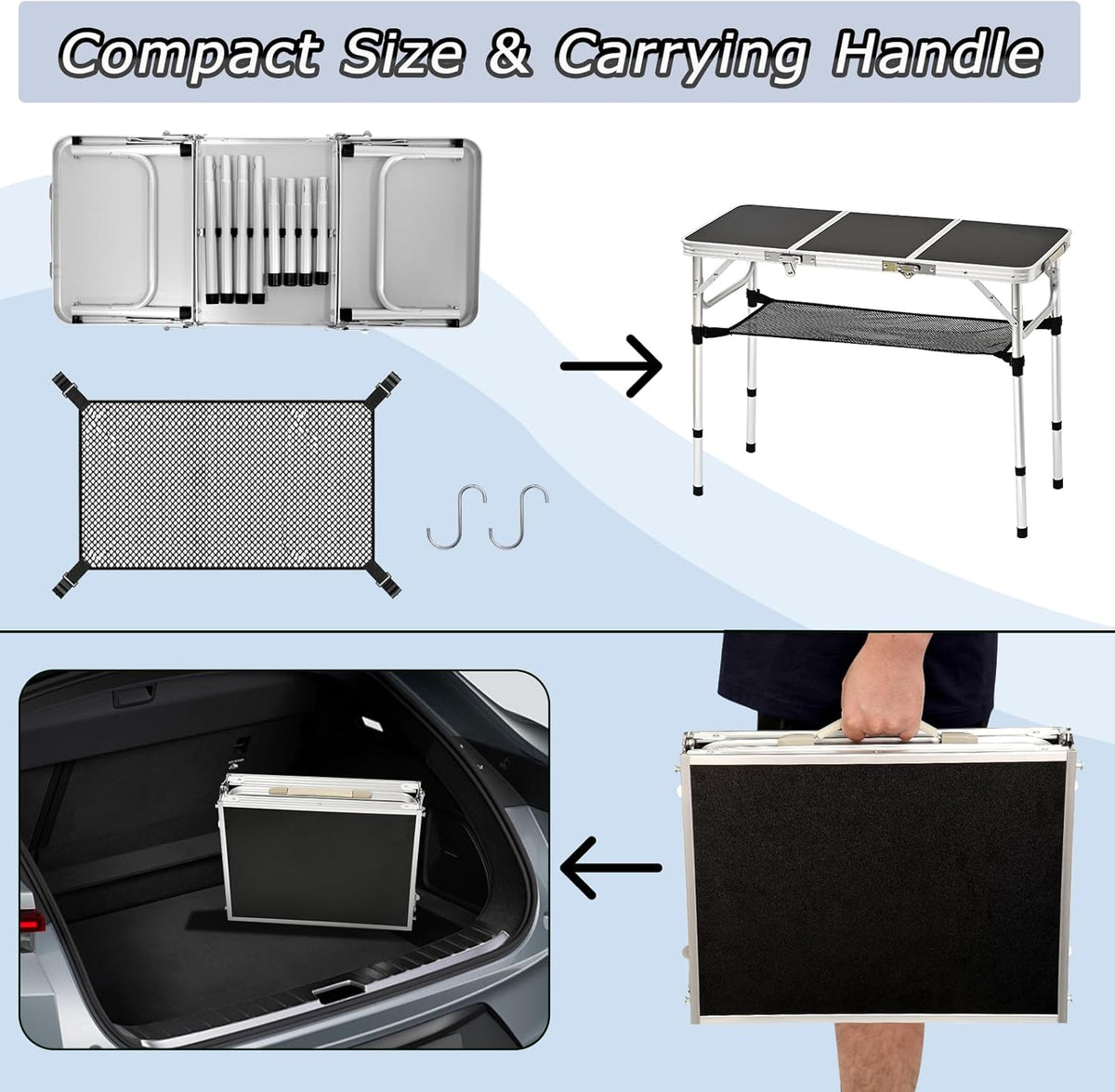 YihuiKo 3ft Folding Table, Portable Camping Table with Storage Net