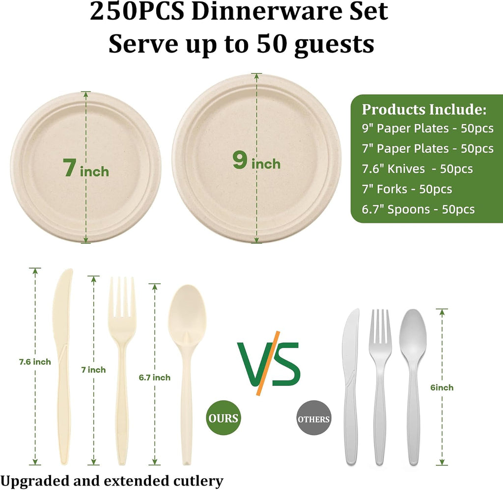Compostable Paper Plates Set, 250PCS Disposable Heavy-Duty Sugarcane Plate