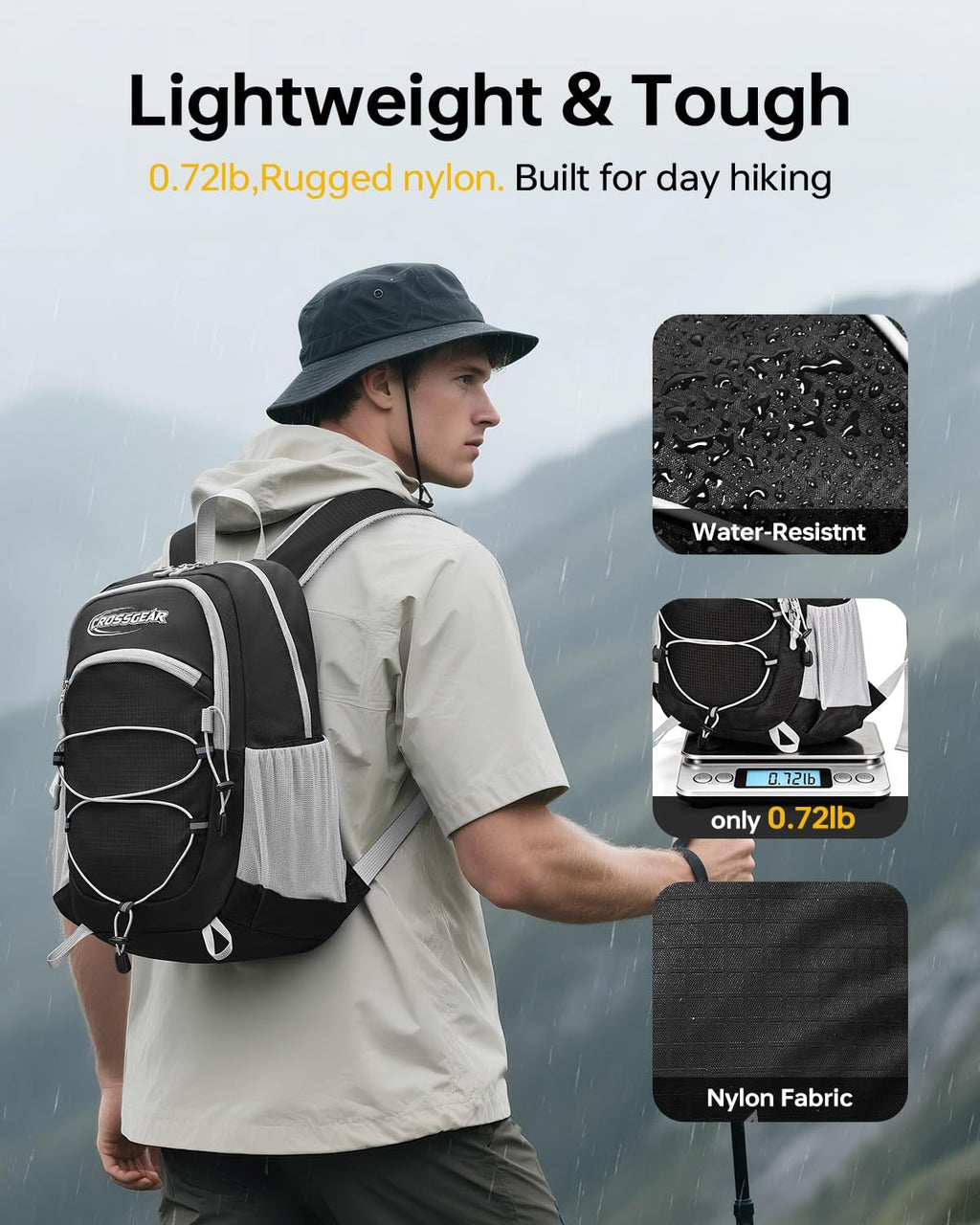 CROSSGEAR 24L Hiking Backpack, Lightweight Foldable Packable Daypack with RFID Pocket, Multi-Pocket, Nylon Small Travel Backpack, Water Resistant for Travel, Camping, Outdoor, Black