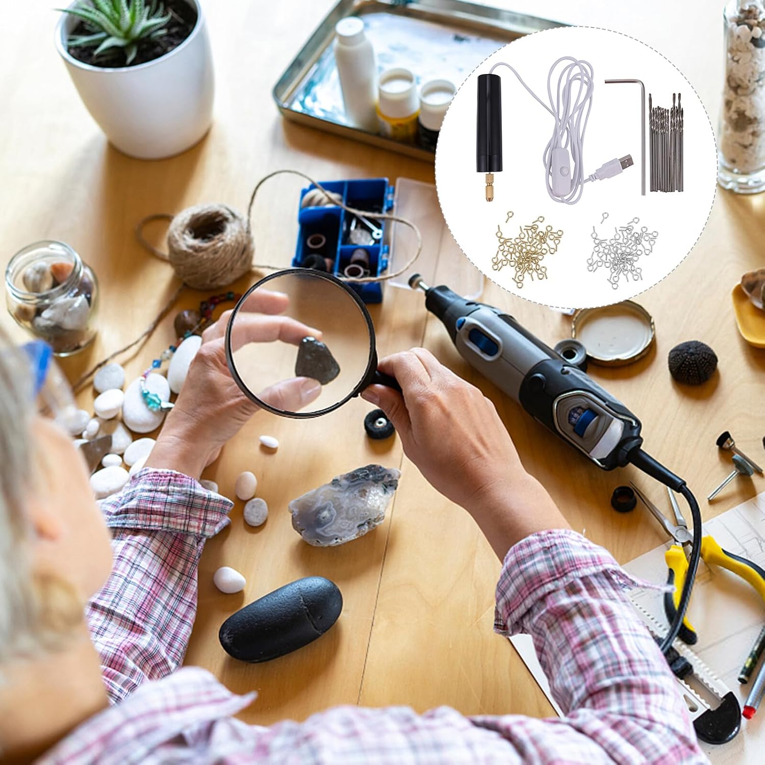 Veemoon 115 Pcs USB Charging Mini Electric Drill Cordless Rotary Tool for Crafts and Small Repairs with Multi-accessories Lightweight Handheld Design