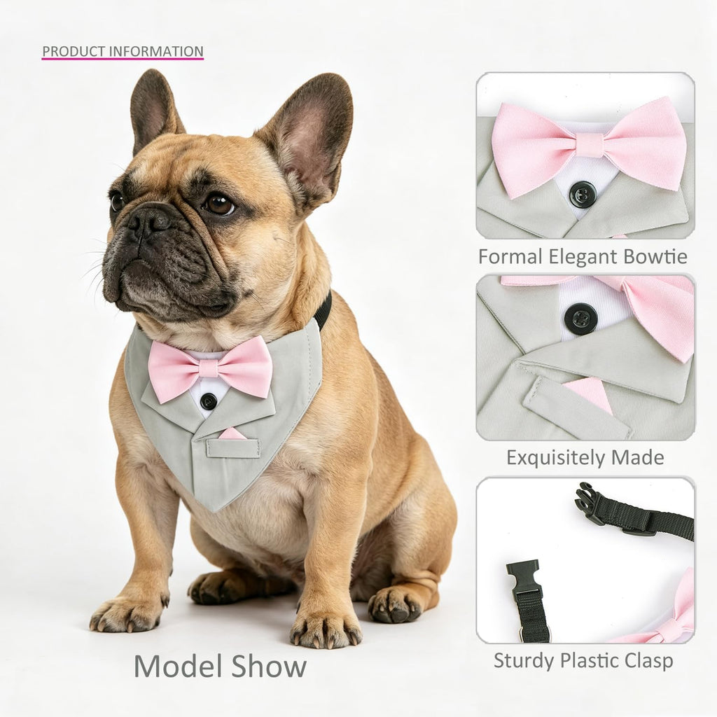Formal Tuxedo Suit Dog Collar, Wedding Graduation Costume Make-up Pet Supplies, Tux Light Gray Bandana with Pink Bowtie (L)