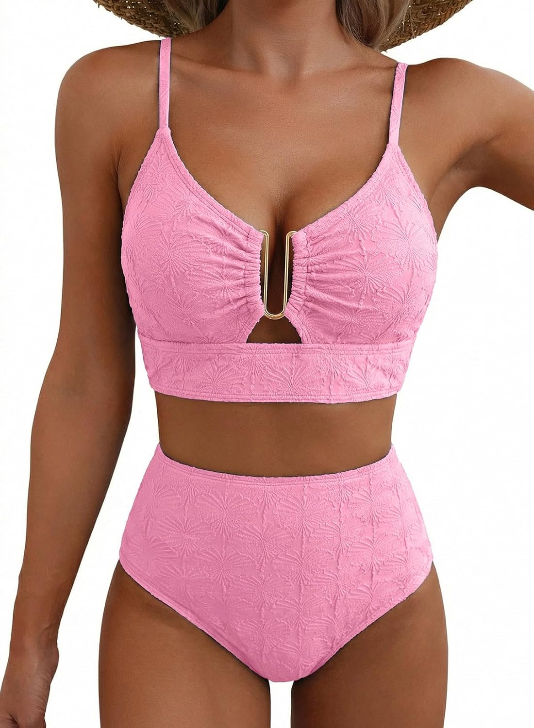 Herseas Women High Waisted U Wired Texured 2 Piece Bikini Sets