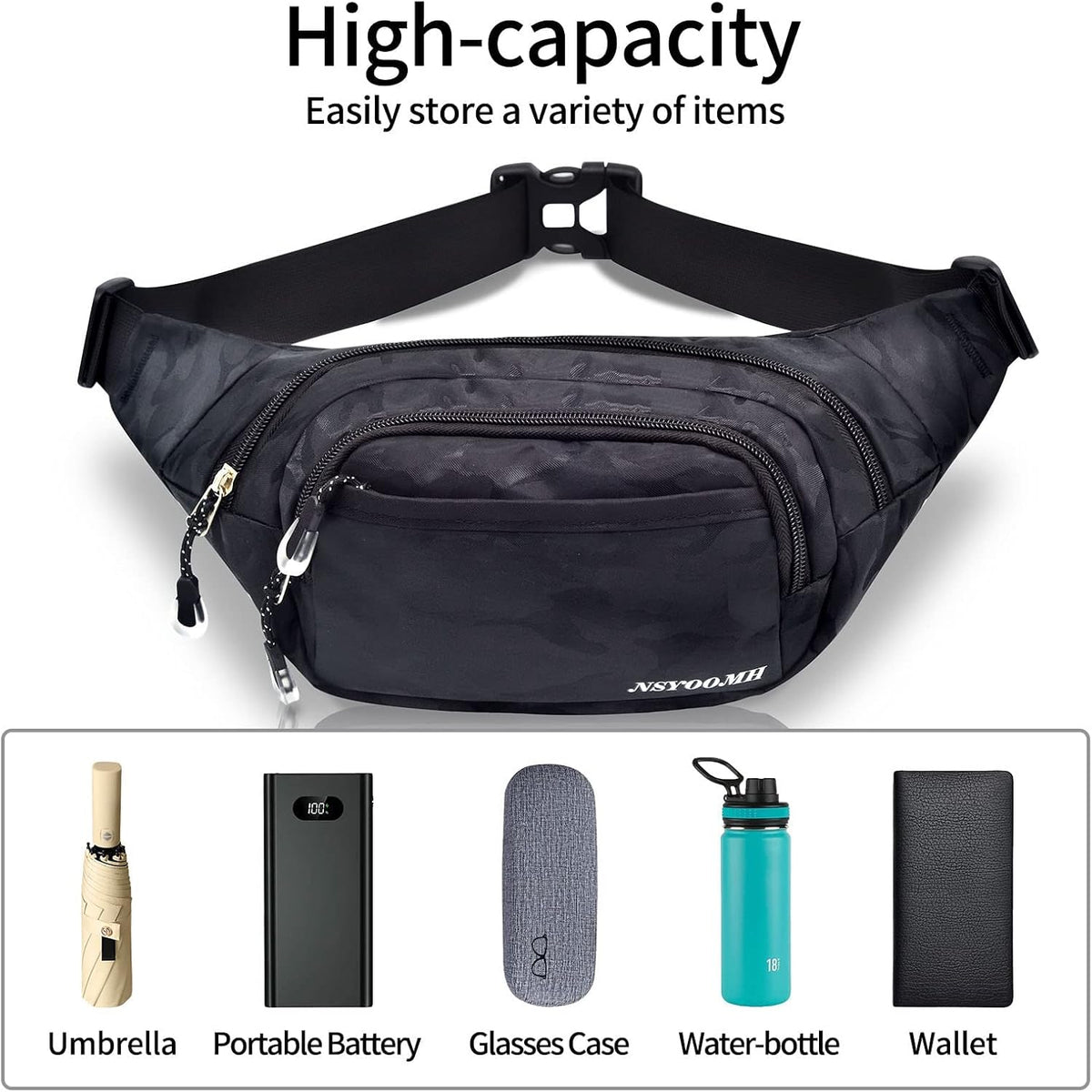 Large Fanny Pack for Men Women NSYOOMH, Crossbody Waist Bag 5-Zipper Pocket