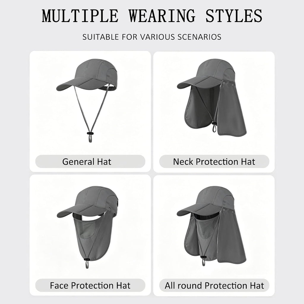 2Pack Men’s Foldable Sun Hat with Removable Face Mask & Neck Flap, UPF 50+ UV Protection, Quick-Drying Outdoor Fishing Cap