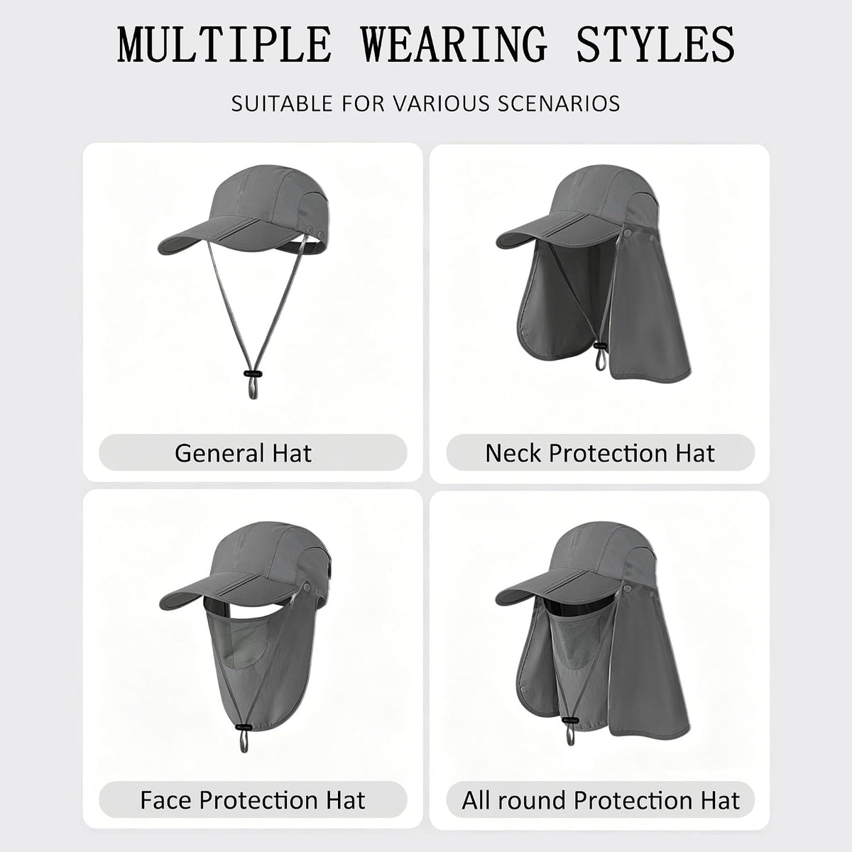 2Pack Men’s Foldable Sun Hat with Removable Face Mask & Neck Flap, UPF 50+ UV Protection, Quick-Drying Outdoor Fishing Cap
