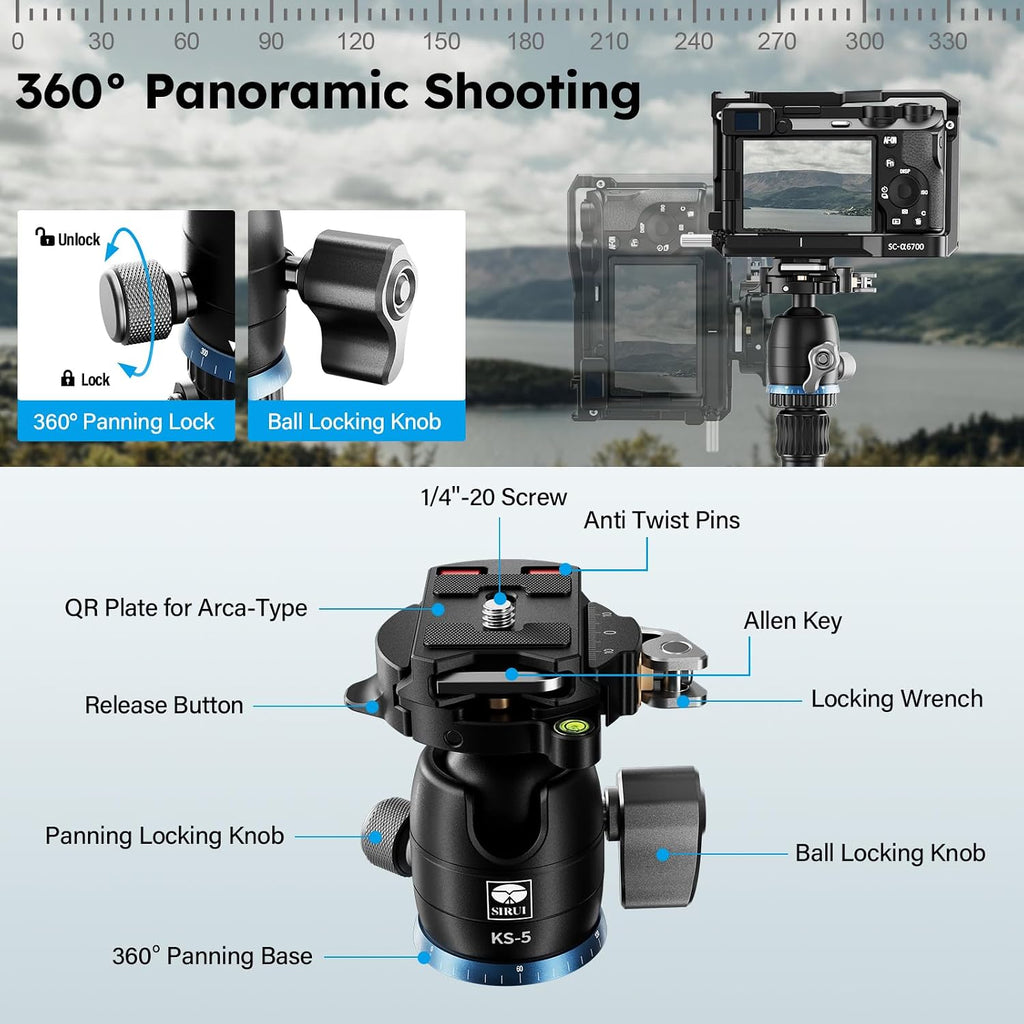 SIRUI AM-025K+KS-5 Carbon Fiber Travel Tripod, Ball Head, 55.1"