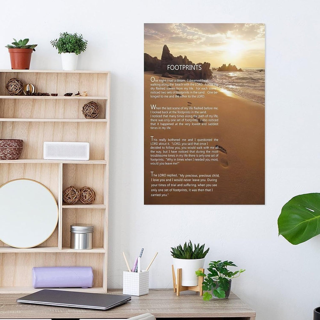 Footprints in the Sand Religious Canvas Wall Art Posters, Inspirational Beach Sunset Poem Print Poster (Unframed 20x30inch, Footprints(2))
