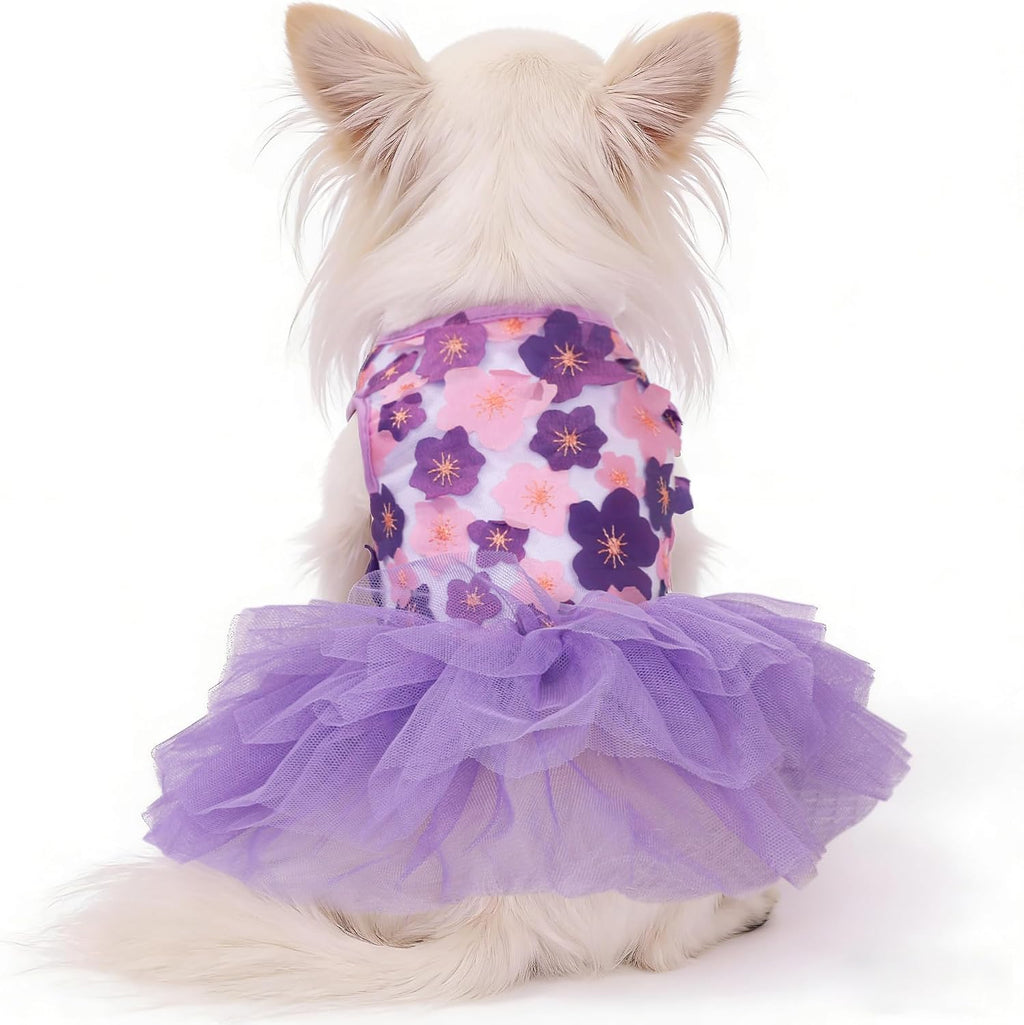Dog Dress, Fashion Puppy Tutu Princess Dresses for Small Dogs Girl, Sweet Skirt with Dog Bowknot Clips, Spring Dog Cat Clothes Pet Apparel (Purple Floral Dress, XX-Small)